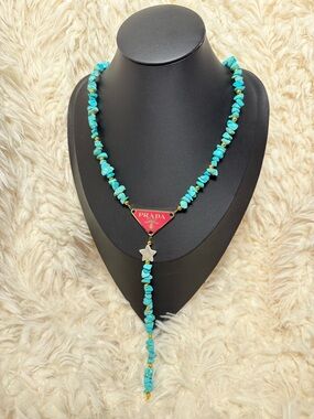 Upcycled Prada Turquoise Chip Y-Drop Necklace with Pink Logo Triangle